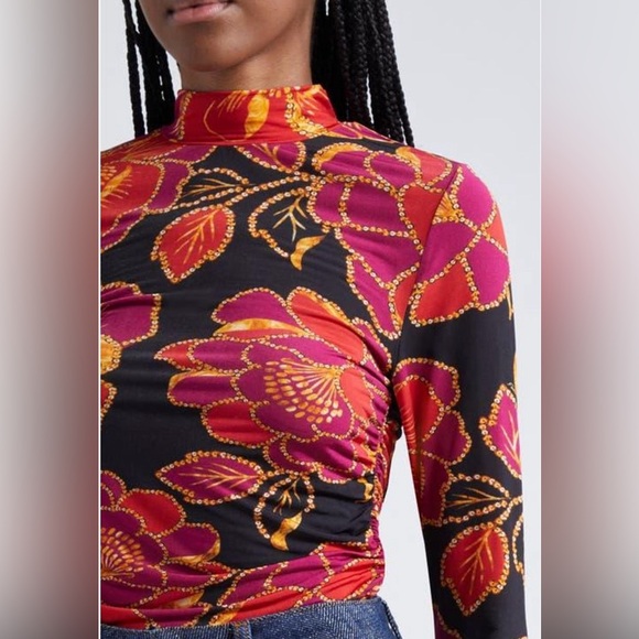 Farm Rio Floral Long Sleeve Jersey Top Shiny Chita Print Black Pink Orange Small - Picture 3 of 11